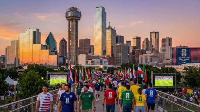 Fan fest del Mundial 2026 en Dallas con hinchas caminando frente al skyline de la ciudad al atardecer