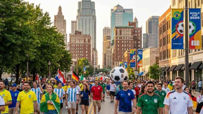 Hinchas de distintas selecciones recorriendo el centro de Kansas durante el Mundial 2026