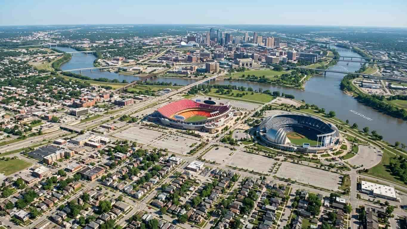 Vista aérea de Kansas City con estadios y el centro urbano durante el Mundial 2026