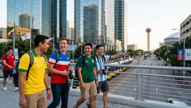Turistas y fanáticos del fútbol recorriendo el centro de Dallas durante el Mundial 2026