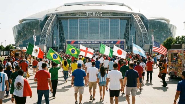 Hinchas de distintas selecciones llegando al estadio de Dallas para un partido del Mundial 2026
