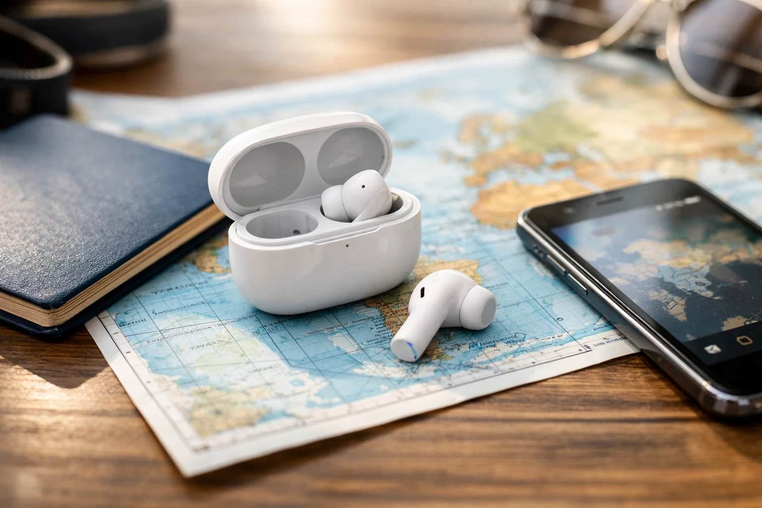 Auriculares traductores inalámbricos para viajar, apoyados sobre un mapa junto a un celular y pasaporte.