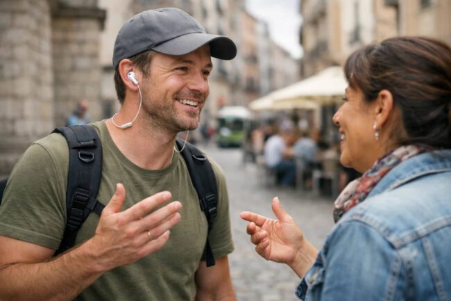 Auriculares traductores para comunicarse en viajes sin barreras de idioma Viajero usando auriculares traductores para comunicarse con una persona local durante un viaje.
