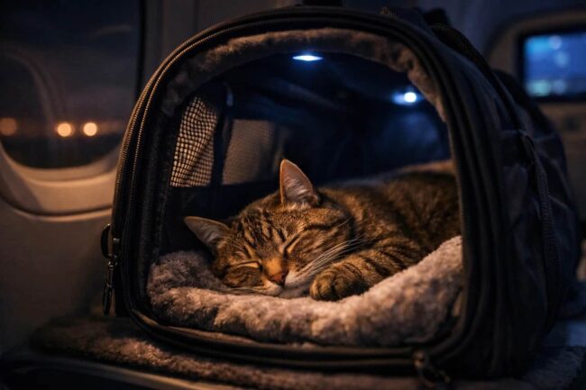 Gato durmiendo tranquilo dentro de un transportín acolchado durante un vuelo en avión.