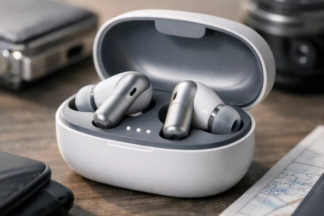 Auriculares traductores inalámbricos ideales para viajar sin barreras idiomáticas Auriculares traductores inalámbricos con estuche de carga abiertos, diseñados para traducir idiomas en tiempo real durante los viajes.