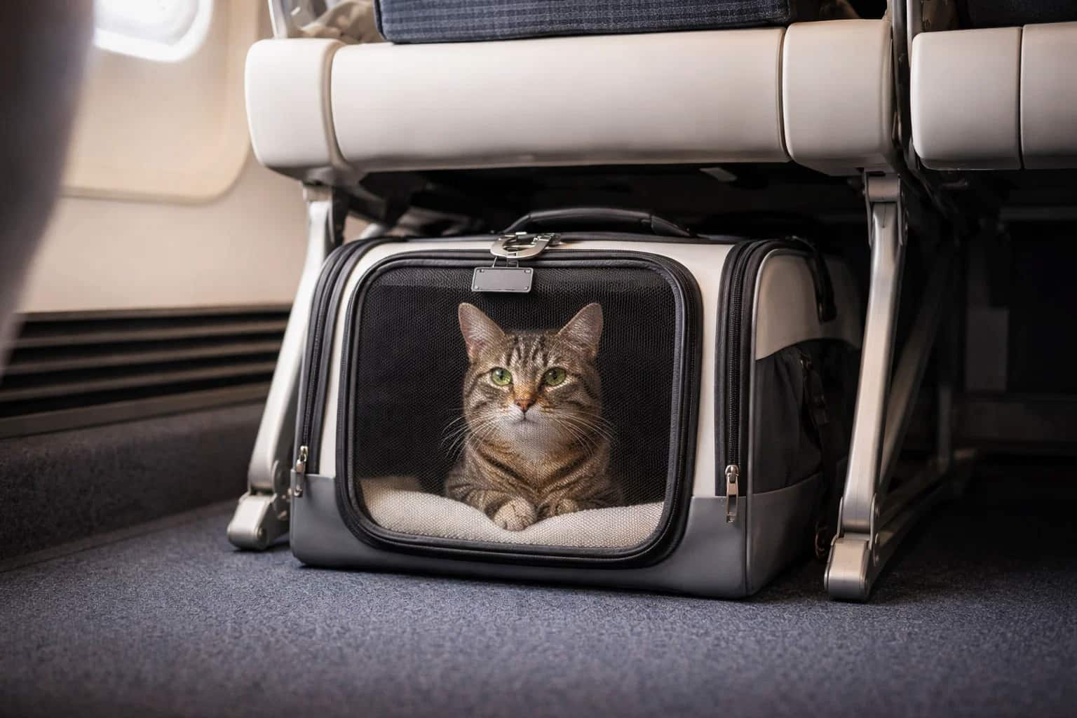 Gato viajando en avión dentro de un transportín homologado colocado debajo del asiento, una forma segura y cómoda de transportar mascotas en cabina.