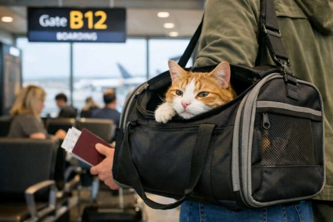 Gato viajando en avión dentro de una mochila transportín en el aeropuerto, listo para abordar un vuelo en cabina.