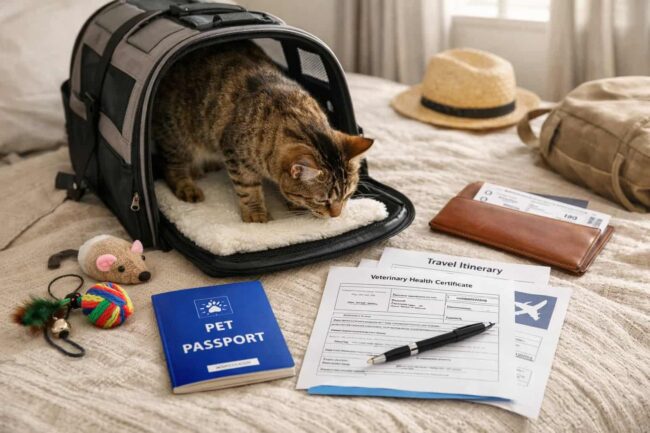 Gato entrando en un transportín de viaje junto a pasaporte para mascotas y certificado veterinario antes de volar.