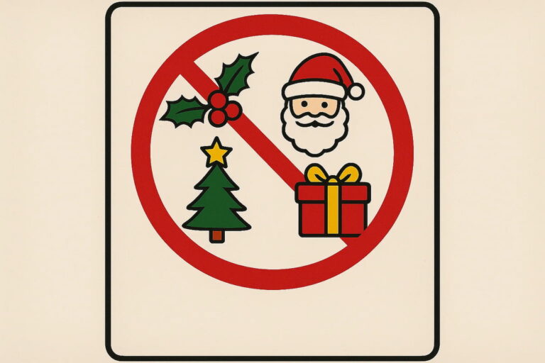 Señal con íconos navideños tachados que indica prohibición de celebrar Navidad.