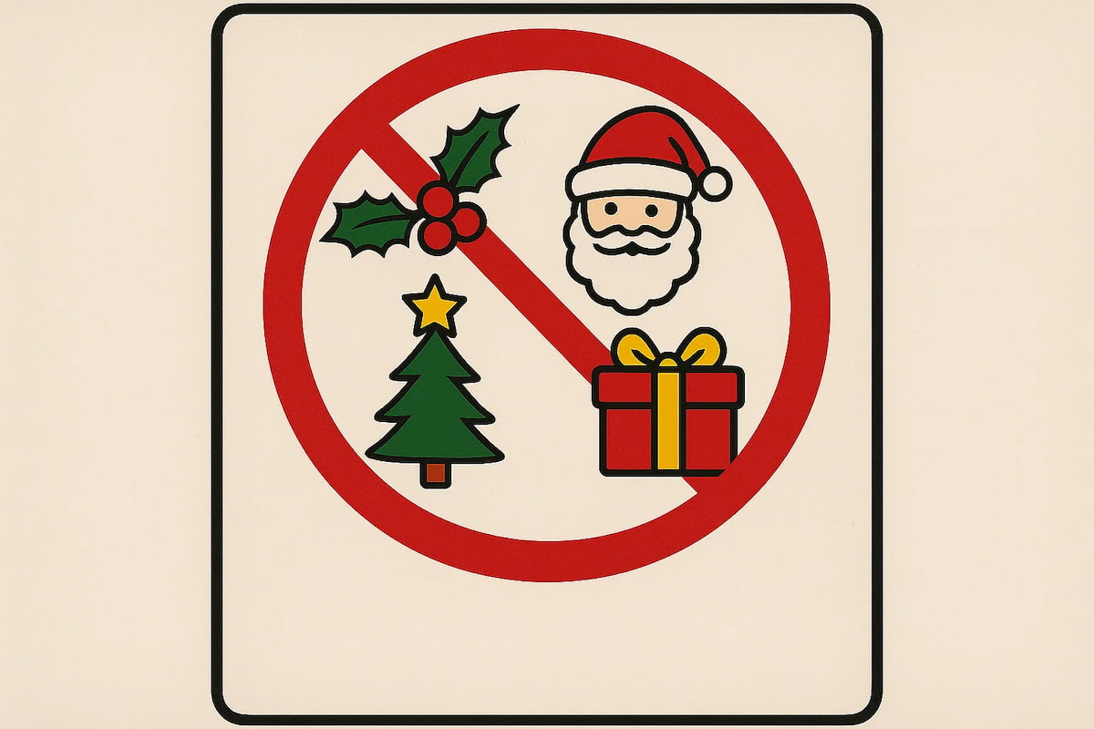 Señal con íconos navideños tachados que indica prohibición de celebrar Navidad.
