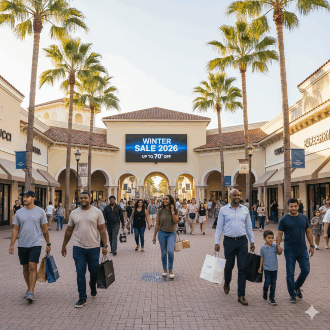 Vista panorámica de Vineland Premium Outlets en Orlando con arquitectura mediterránea, palmeras y compradores con bolsas de marcas de lujo como Gucci y Prada.