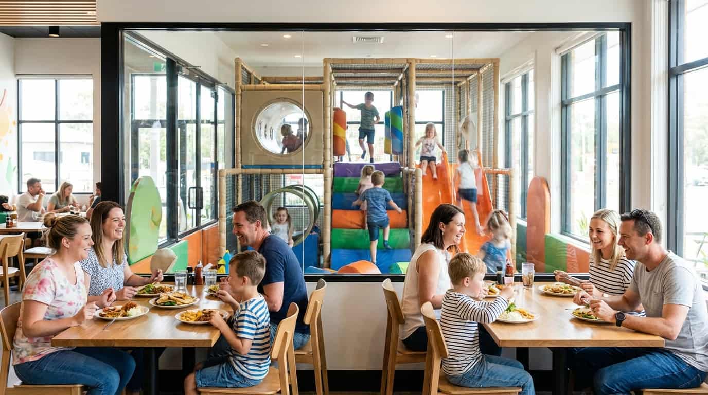 Restaurante en Buenos Aires con juegos infantiles donde familias comen mientras los niños juegan