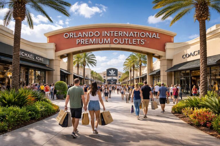 Entrada principal de Orlando International Premium Outlets con compradores recorriendo el outlet al aire libre en Orlando.