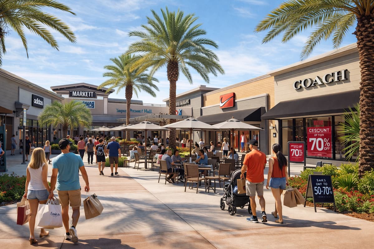 Personas caminando y disfrutando de un día soleado entre tiendas y palmeras en Tampa Premium Outlets