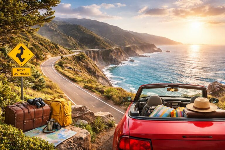 Ruta esc&eacute;nica de la Costa Oeste de Estados Unidos con auto descapotable, oc&eacute;ano Pac&iacute;fico y carretera junto a acantilados