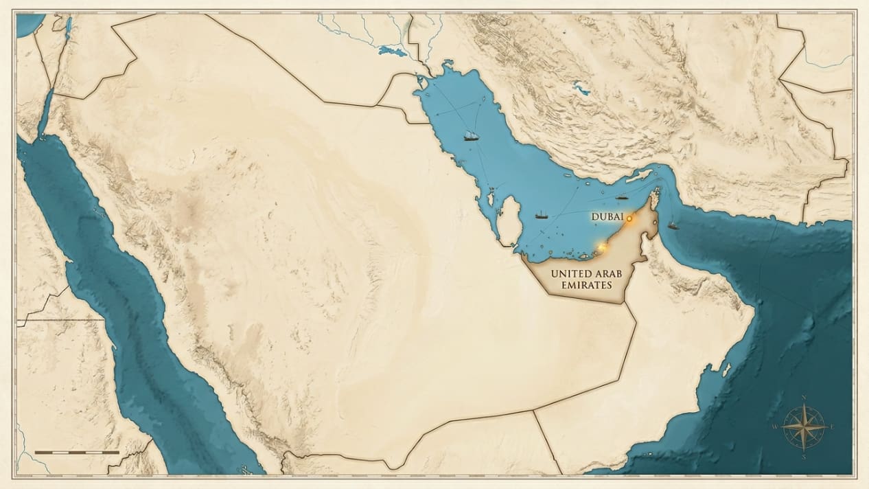 Mapa de Medio Oriente que muestra la ubicación de Dubái en Emiratos Árabes Unidos, cerca del golfo Pérsico.