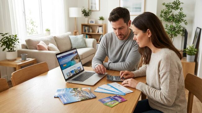 Pareja calculando el presupuesto para ir a Disney desde México en 2026 con vuelos, hotel y entradas.