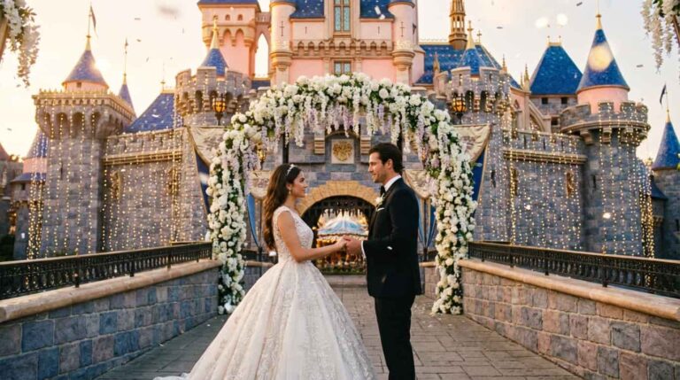 Pareja celebrando boda frente al castillo de Disney en ceremonia de cuento