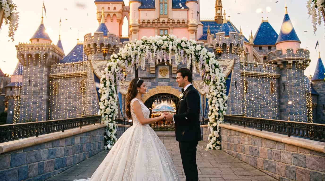 Pareja celebrando boda frente al castillo de Disney en ceremonia de cuento