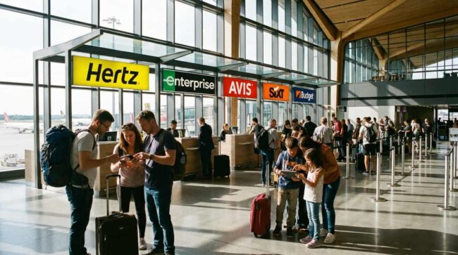 Mostradores de renta de autos en aeropuerto comparando si es más barato alquilar allí o en la ciudad