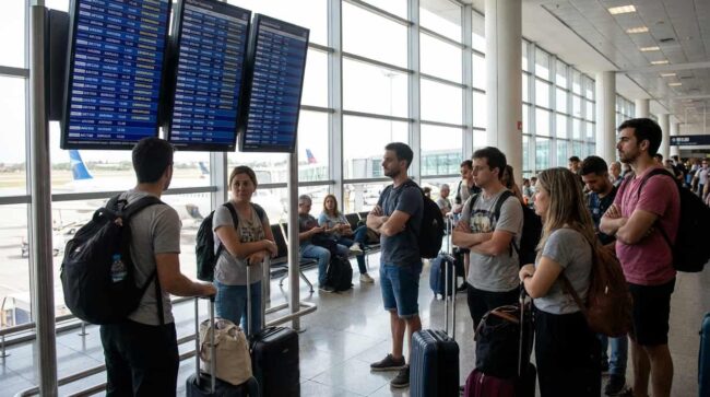 Pasajeros en un aeropuerto revisando el tablero de salidas ante posibles cancelaciones por el paro general del 19 de febrero.