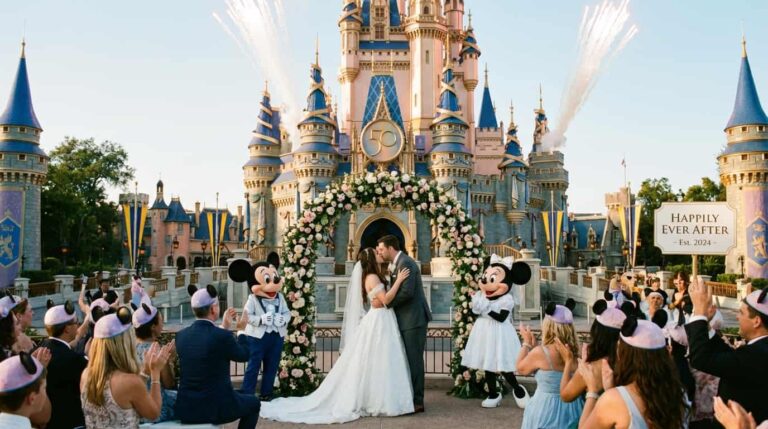 Pareja celebrando boda frente al castillo de Disney con personajes cl&aacute;sicos durante ceremonia tem&aacute;tica