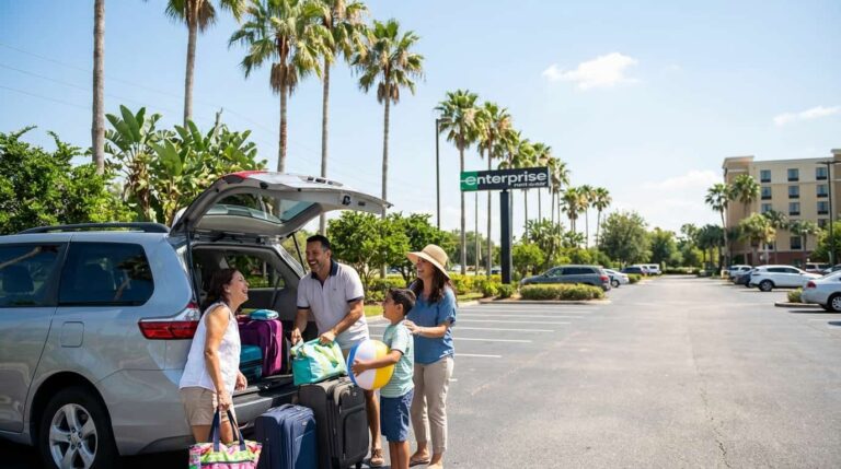 Familia recogiendo auto de alquiler en Orlando con maletas durante sus vacaciones