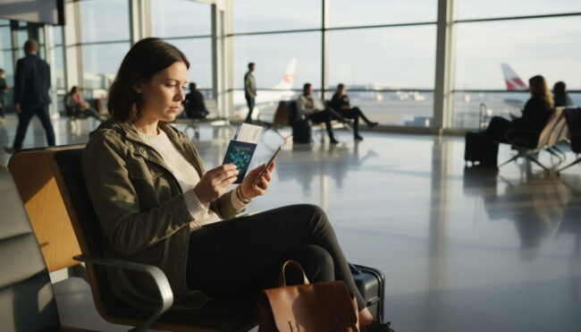 ETA obligatorio para viajar al Reino Unido Viajera en aeropuerto revisando pasaporte y celular antes de viajar al Reino Unido con ETA obligatorio