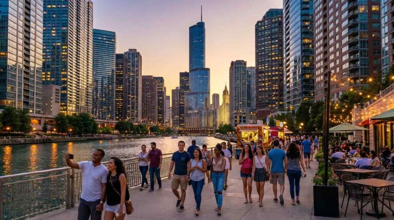 Ciudad en Estados Unidos con paseo junto al r&iacute;o y rascacielos, uno de los destinos m&aacute;s econ&oacute;micos para vacaciones en USA.