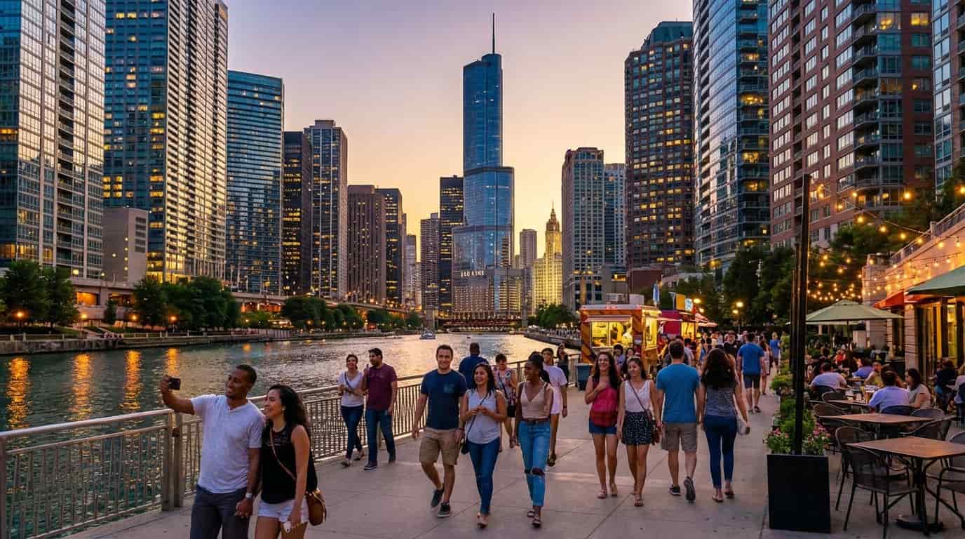 Ciudad en Estados Unidos con paseo junto al río y rascacielos, uno de los destinos más económicos para vacaciones en USA.