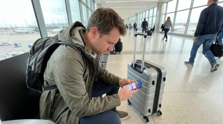 Viajero en el aeropuerto comparando precios de vuelos en su celular antes de comprar el ticket