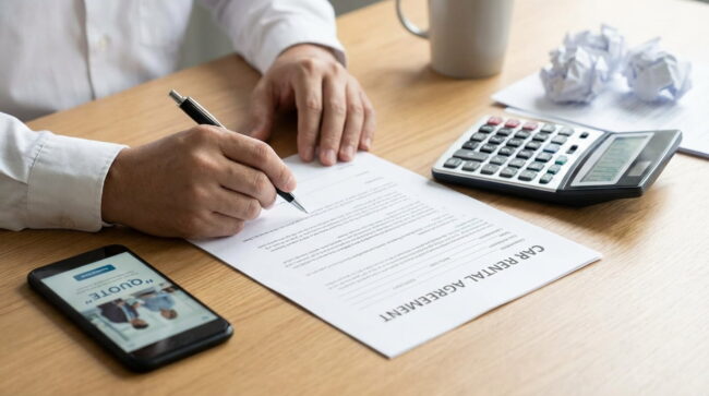 Persona firmando contrato de renta de auto sobre escritorio con calculadora y smartphone mostrando cotización.