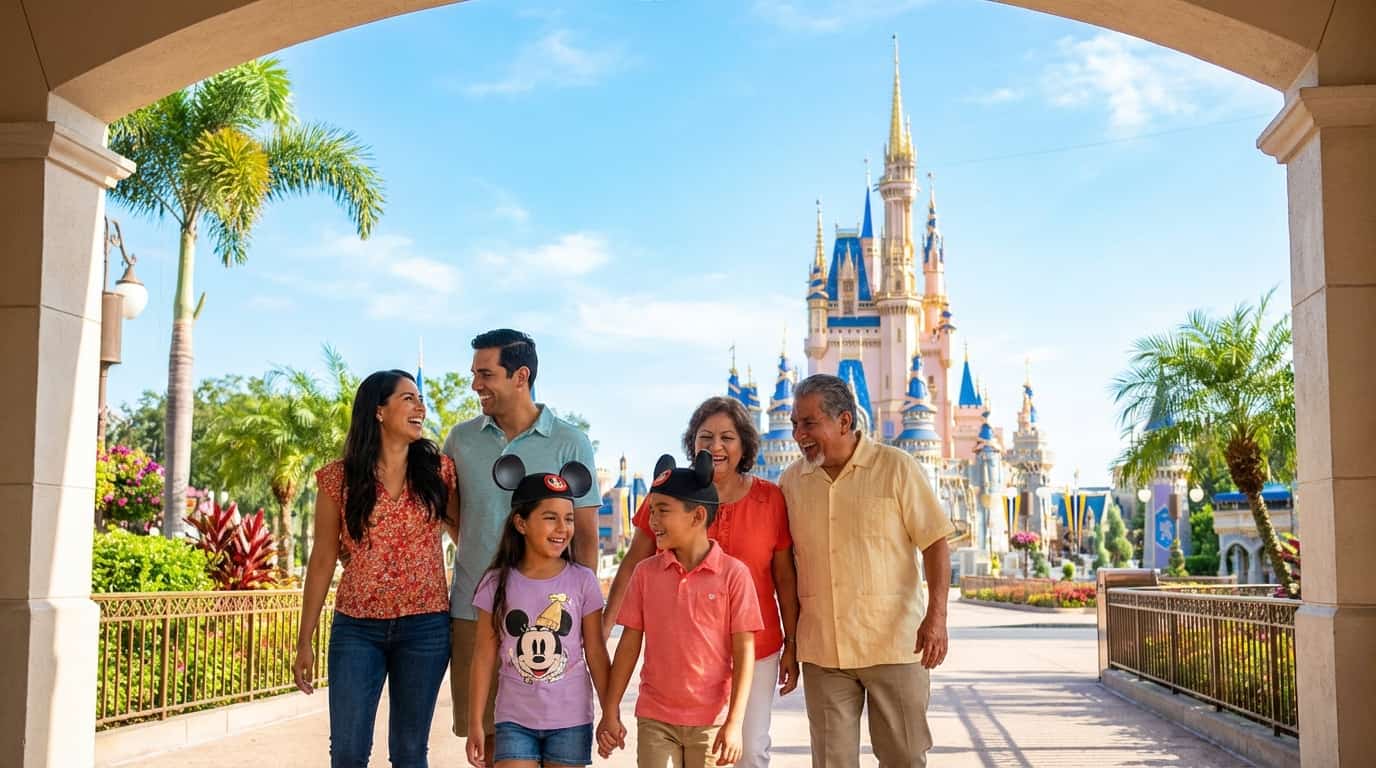 Familia mexicana en Disney World Orlando calculando cuánto cuesta viajar en 2026 con vuelos, hotel y entradas.