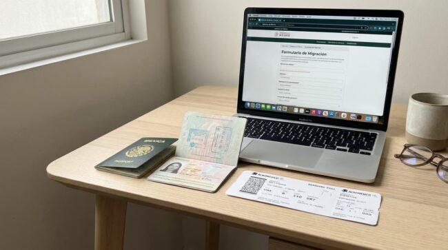 Pasaporte mexicano, visa y boleto de avión junto a formulario migratorio online para viajar a España en 2026