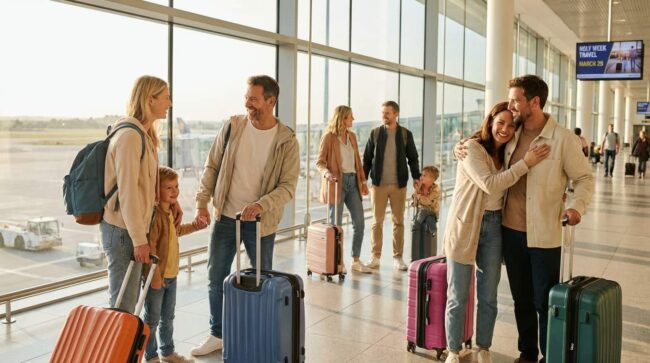 Familias viajando en aeropuerto durante Semana Santa, uno de los períodos con mayor movimiento turístico del año