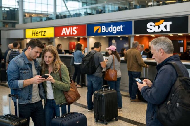 Viajeros comparando precios de renta de autos en mostradores del aeropuerto