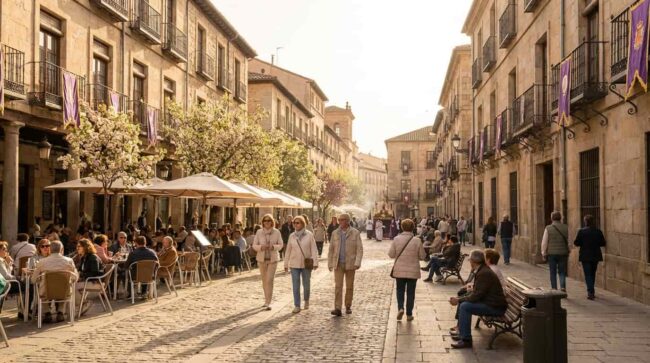 Turistas recorriendo una ciudad europea durante Semana Santa, una de las fechas más populares para viajar