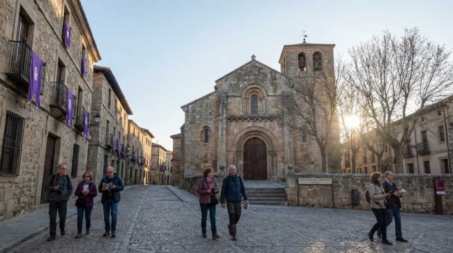 Turistas recorriendo una ciudad hist&oacute;rica durante Semana Santa, con calles decoradas y ambiente religioso