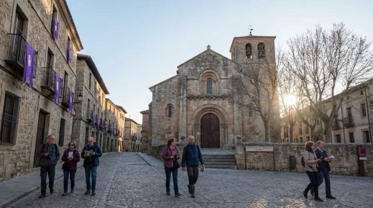 Turistas recorriendo una ciudad hist&oacute;rica durante Semana Santa, con calles decoradas y ambiente religioso
