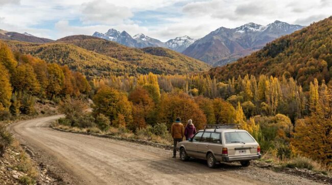 Pareja viajando en auto por la montaña durante una escapada de Semana Santa, rodeados de paisajes otoñales