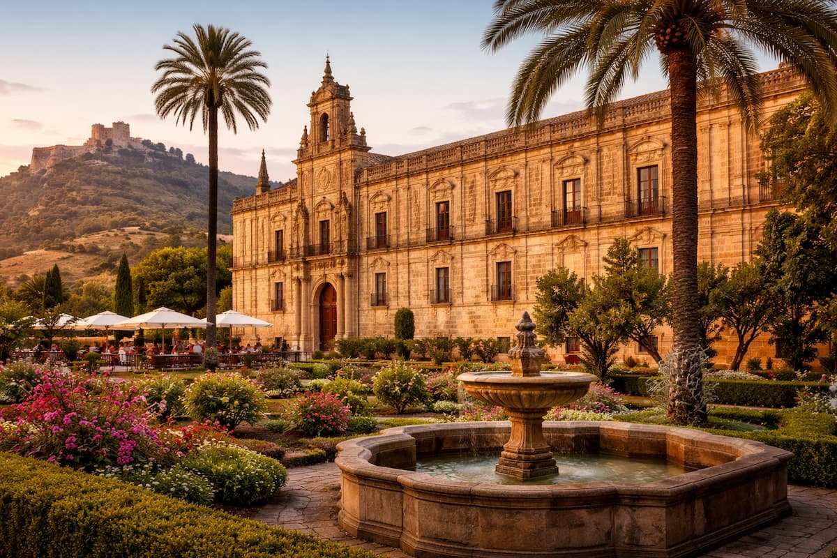 Parador histórico de España con arquitectura monumental, jardines cuidados y paisaje natural al atardecer