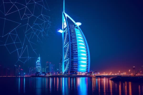 Burj Al Arab, hotel de lujo de Dubai con diseño en forma de vela de dhow. Está sobre una isla artificial.