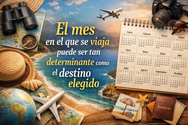 Calendario de viajes con destinos turísticos, avión y mapa que representa cómo el mes influye en la planificación del viaje