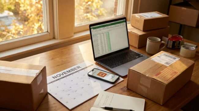 Preparativos de compras online para Cyber Monday con paquetes y laptop