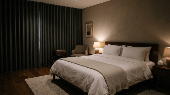 Habitación de hotel diseñada para dormir mejor con cortinas blackout y luz tenue