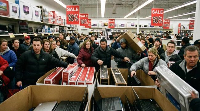 Personas comprando televisores y computadoras en ofertas de tecnología en Estados Unidos