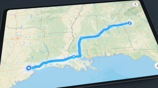 Mapa con la ruta en carro desde Houston a Atlanta mostrando el recorrido por el sur de Estados Unidos
