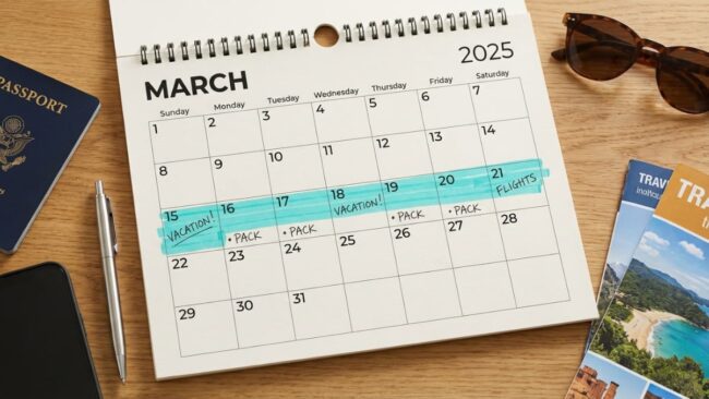 Calendario con días marcados para vacaciones y planificación de viaje