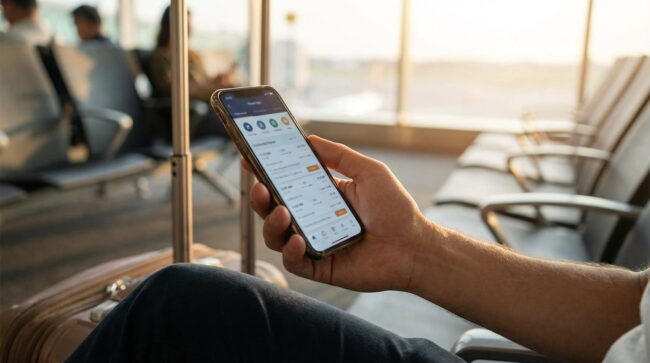 Persona revisando precios de vuelos en una app desde el aeropuerto para viajar en Semana Santa 2026