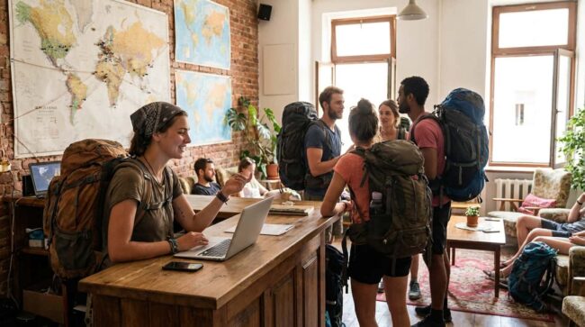 Viajeros con mochilas organizando un voluntariado o intercambio de trabajo por alojamiento en un hostel